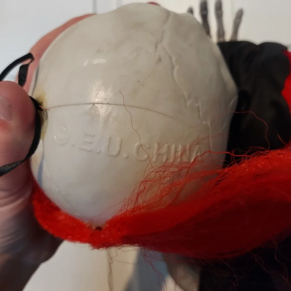 VTG Hanging Skeleton Clown Halloween Prop 37 Inch Tattered Gauze Red Hair Decor